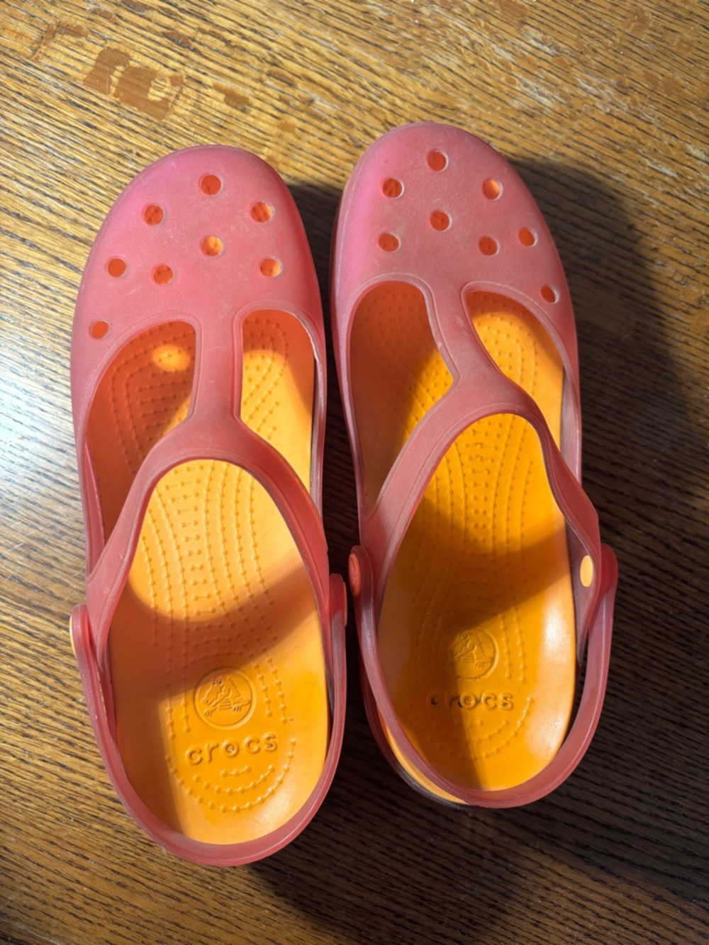 CROCS Mary Jane Clogs in Coral with Orange Footbed, 10